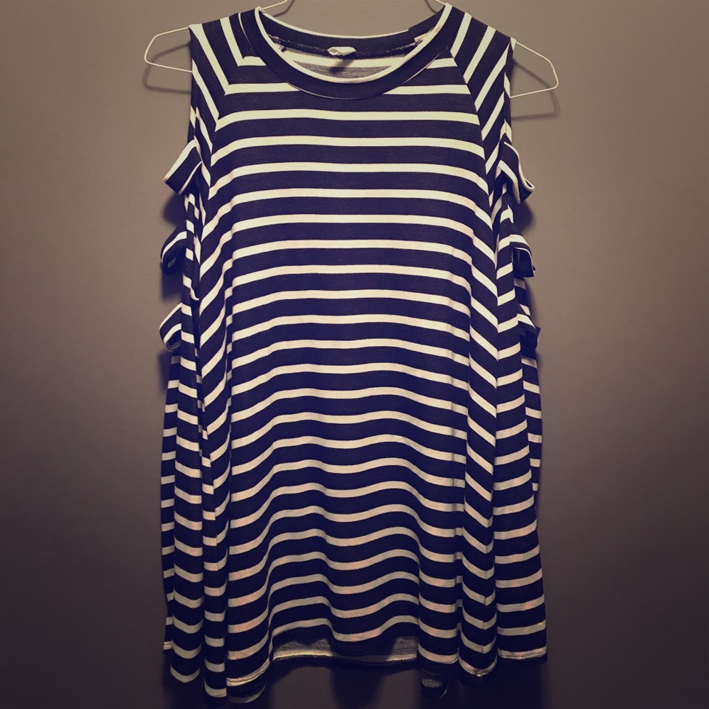 Navy and White Striped Shirt With Cold Shoulders